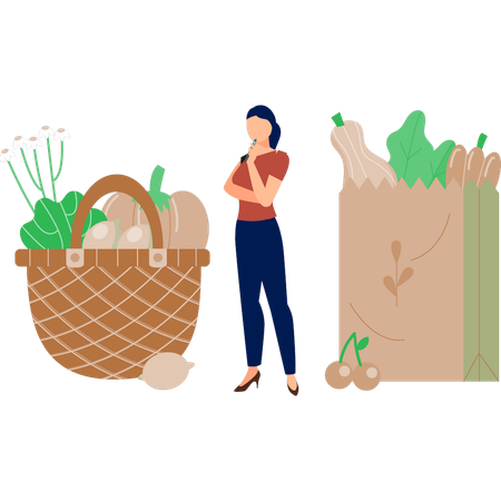 A menina está pensando em fazer compras no supermercado  Ilustração