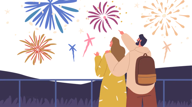 Under The Starry Night A Mesmerized Couple Embraces Gazing At The Bursting Holiday Fireworks Reflect Joy And Love Against The Vibrant Colorful Explosions Lighting Up The Sky Vector Illustration Illustration
