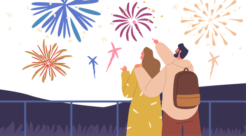 A Mesmerized Couple Embraces Gazing At The Bursting Holiday Fireworks  Illustration