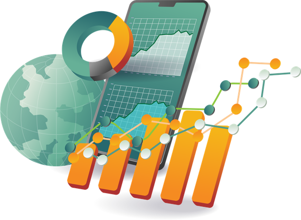 A mobile phone displaying a business graph, representing smartphone analytics software development interface  Illustration