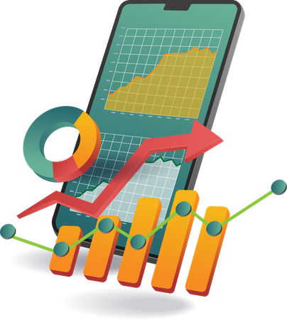 A mobile phone displaying a graph chart and bar graph  Illustration