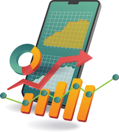 A mobile phone displaying a graph chart and bar graph  Illustration