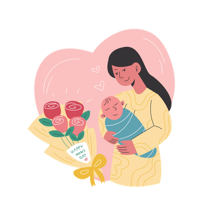 A Mom Celebrating Mother's Day with Her Baby  Illustration