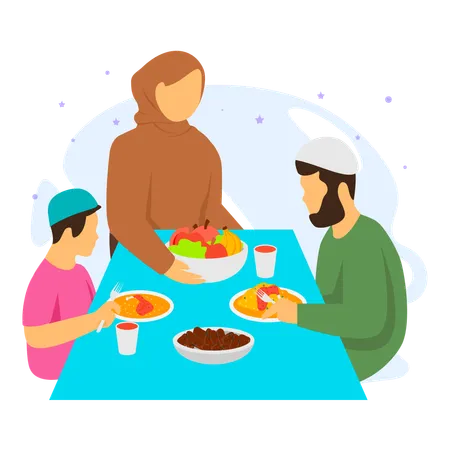 A Mother Preparing And Serving Her Family During The Iftar Meal  Illustration