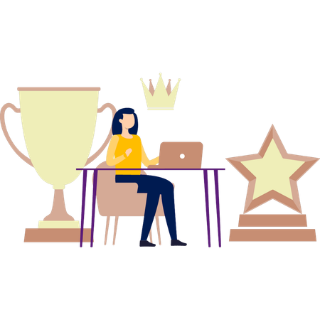 A mulher está procurando um troféu de estrela no laptop  Ilustração