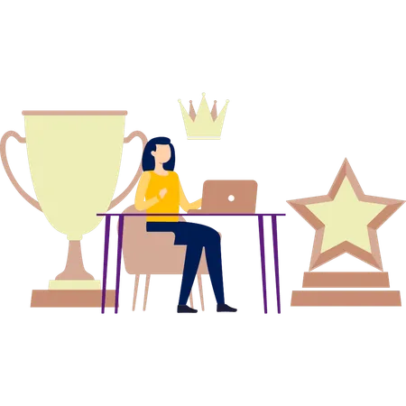 A mulher está procurando um troféu de estrela no laptop  Ilustração