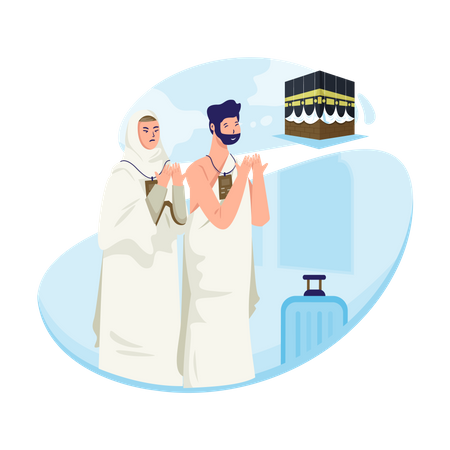A Muslim couple performs Islamic Hajj Pilgrimage  Illustration