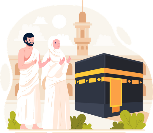 A Muslim couple performs Islamic Hajj Pilgrimage  Illustration