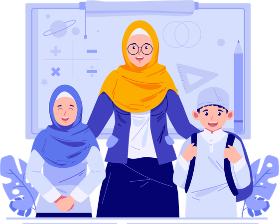 A Muslim Female Teacher With Children Students  Illustration
