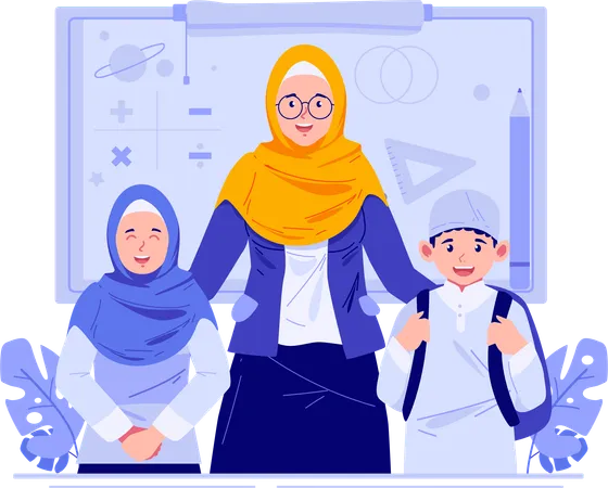 Happy Teachera S Day A Muslim Female Teacher With Children Students World Teachera S Day Celebration Illustration
