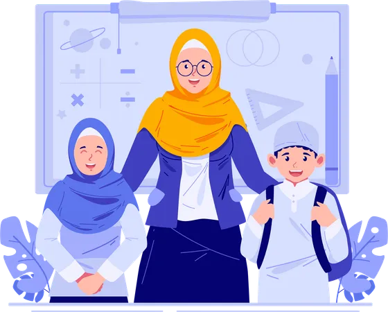 A Muslim Female Teacher With Children Students  Illustration