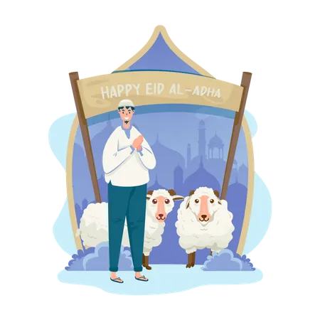 Flat Illustration Of Muslim And Sheep For Welcoming Eidal Adha Mubarak Illustration