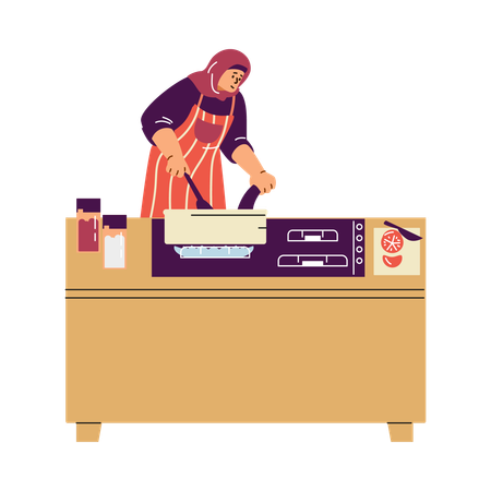 A Muslim woman in a hijab and an apron cooking at the stove  Illustration