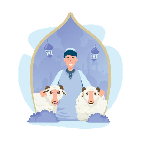 A Muslims With His Sheep For Welcoming Eid Al Adha Mubarak Illustration