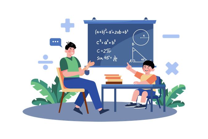 A Parent Helps Their Child With Their Math Homework  Illustration