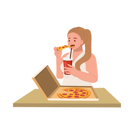 プラスサイズの女性がファストフードの食事を楽しんでいる  イラスト