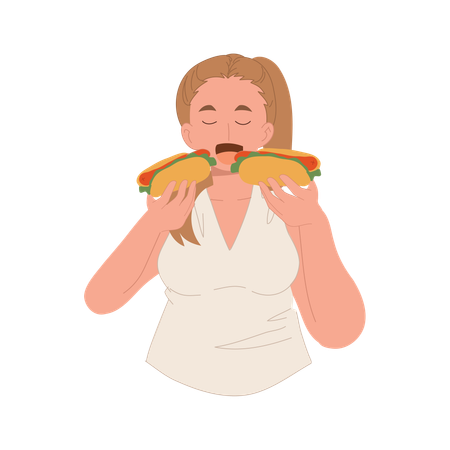 A plus-size woman is happily enjoying her fast food meal  Illustration