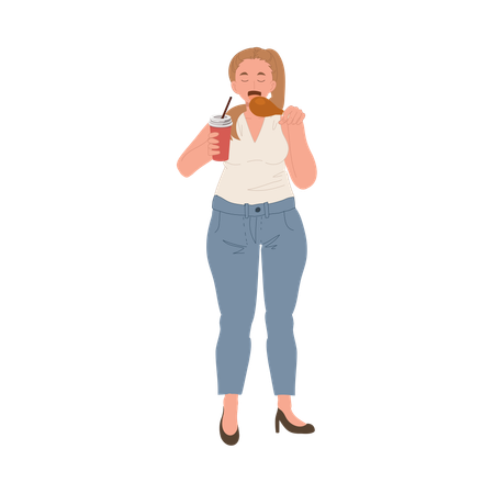 A plus-size woman is happily enjoying her fast food meal  Illustration