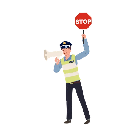 Uma polícia de trânsito segurando placa de pare e falando com megafone  Ilustração