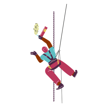 A professional climber with mounting foam in his hands demonstrates climbing equipment  Illustration