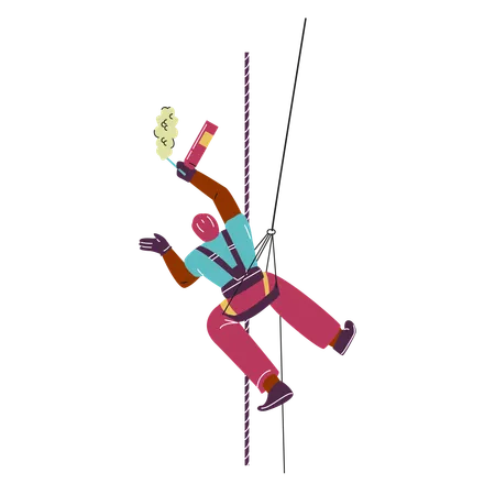 A professional climber with mounting foam in his hands demonstrates climbing equipment  Illustration