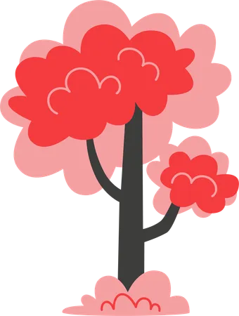 A Red Autumn Tree In Flat Style Illustration