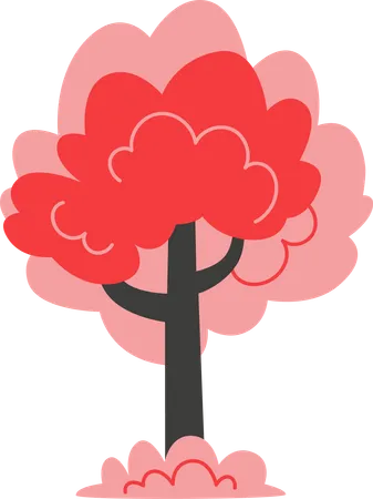 A Red Autumn Tree In Flat Style Illustration