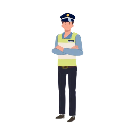 A sad traffic police is standing with arms crossed and thinking  イラスト