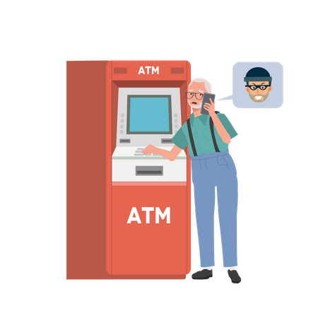 A scammer is tricks an elderly man into transferring money at ATM machine  Illustration