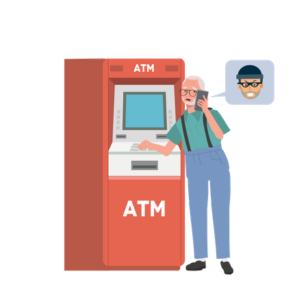 A scammer is tricks an elderly man into transferring money at ATM machine  Illustration