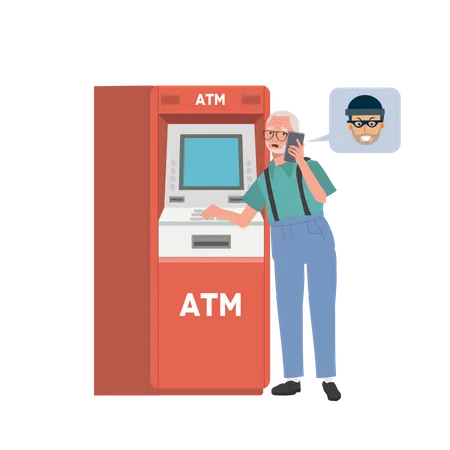 A scammer is tricks an elderly man into transferring money at ATM machine  Illustration