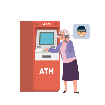 A scammer is tricks an elderly woman into transferring money at ATM machine  Illustration