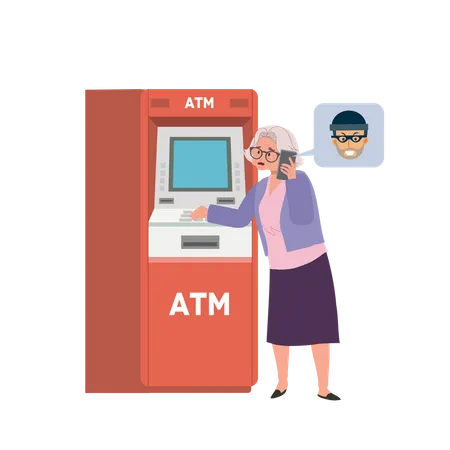 A scammer is tricks an elderly woman into transferring money at ATM machine  Illustration