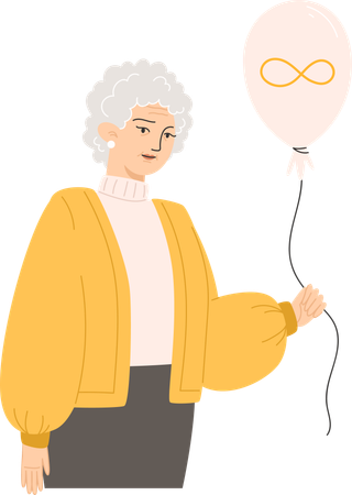 A senior woman holding a balloon with a golden infinity symbol for Autism Awareness Day  일러스트레이션