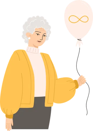 A senior woman holding a balloon with a golden infinity symbol for Autism Awareness Day  일러스트레이션
