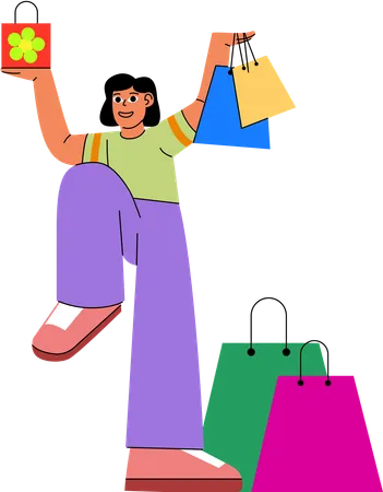 A shopper triumphantly raises shopping bags  Illustration