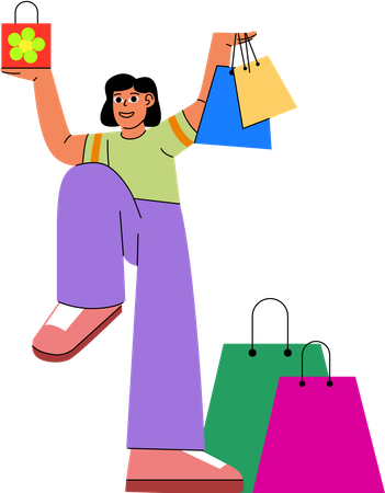 A shopper triumphantly raises shopping bags  Illustration