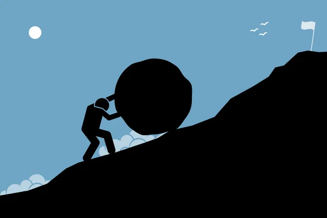 A strong man pushing a big rock up the hill to reach the goal on top Illustration