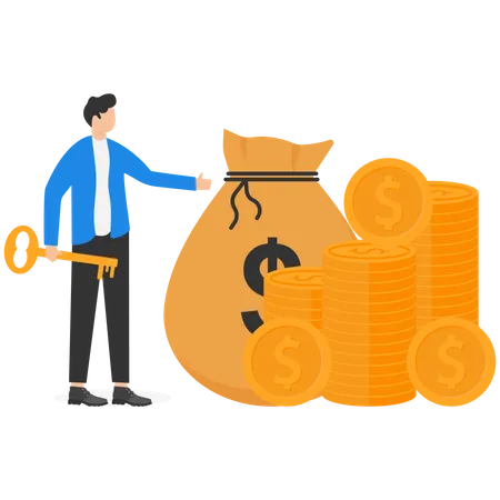 A Successful Businessman Stands In Front Of A Pile Of Coins And Holds A Golden Key  Illustration
