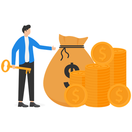 A Successful Businessman Stands In Front Of A Pile Of Coins And Holds A Golden Key  Illustration