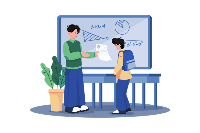 A teacher grades papers and provides feedback to students  イラスト