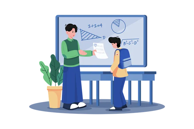 A teacher grades papers and provides feedback to students  イラスト