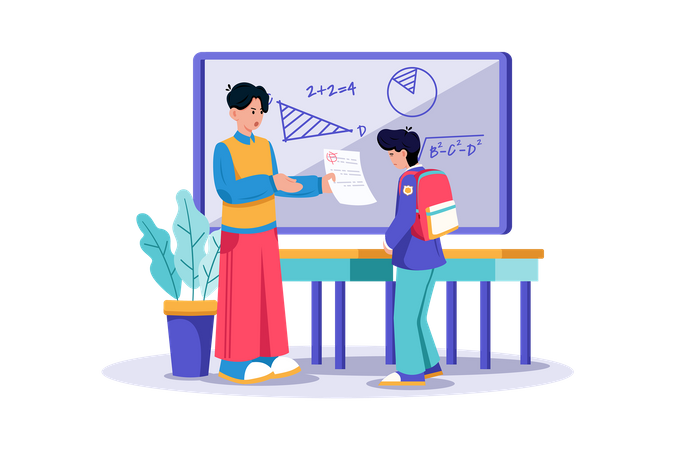 A teacher grades papers and provides feedback to students  イラスト