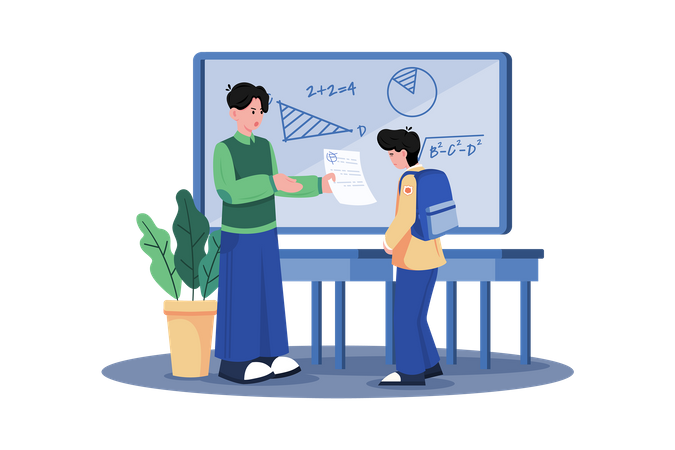 A teacher grades papers and provides feedback to students  イラスト