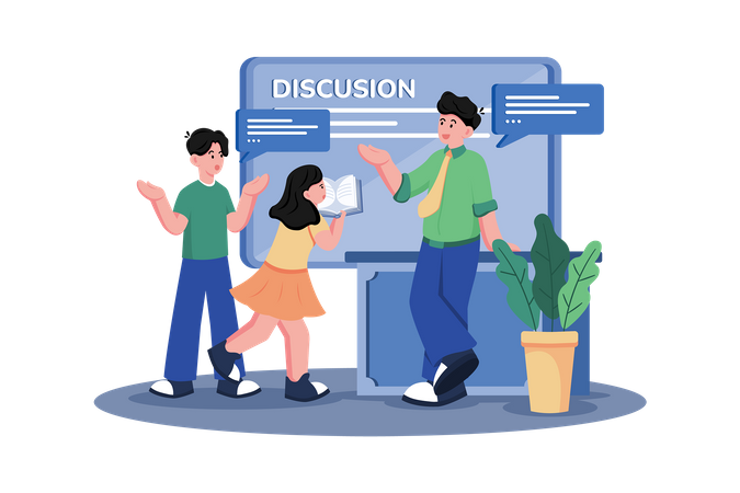 A teacher leads a class discussion on a current event  Illustration