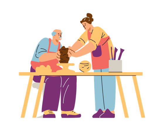 A teacher shows an elderly man how to knead clay correctly  Illustration