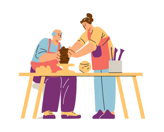 A teacher shows an elderly man how to knead clay correctly  Illustration