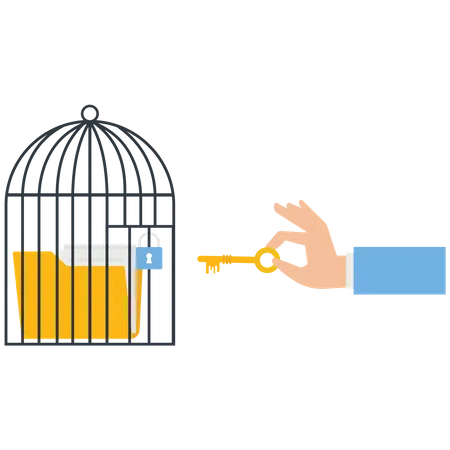 A thief with a key unlocks a data file from a cage  Illustration