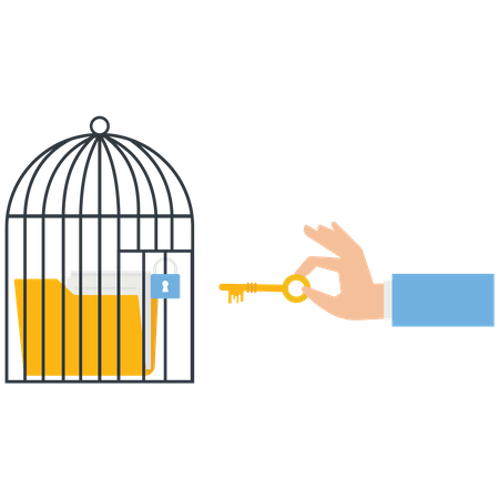 A thief with a key unlocks a data file from a cage  Illustration