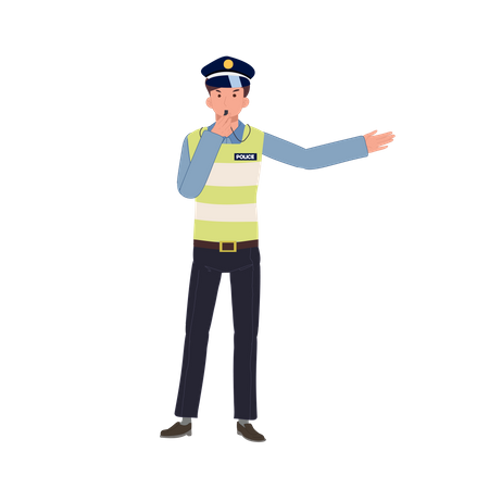 A traffic police blowing whistle and doing hand sign as go to another way  Illustration